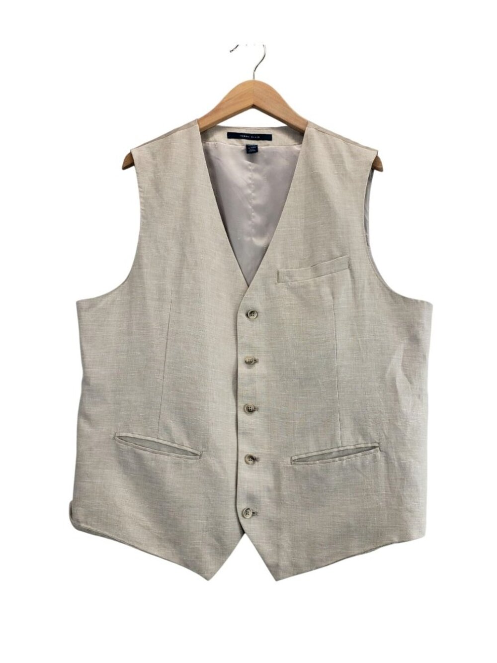 Perry Ellis Mens Vest Natural XL Linen Blend 5/Button 3/Pocket Waistcoat